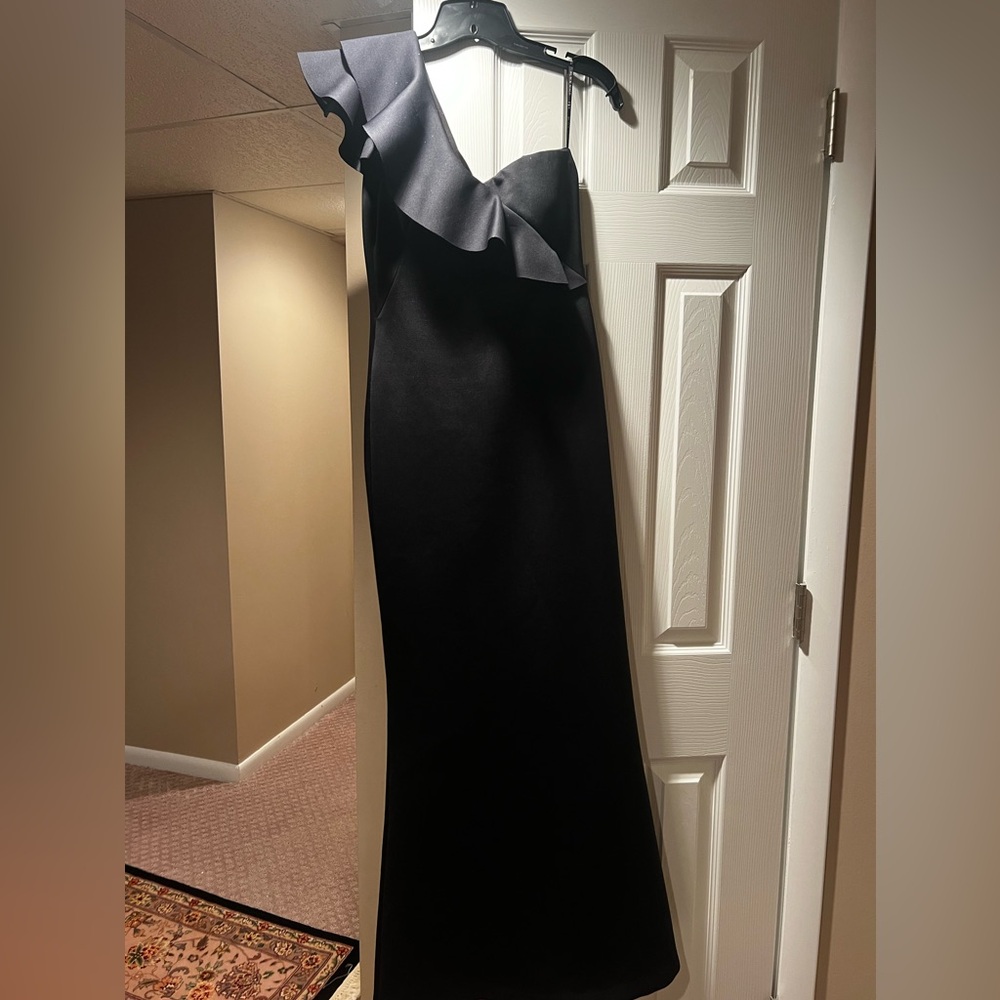 Black one shoulder ruffle scuba gown